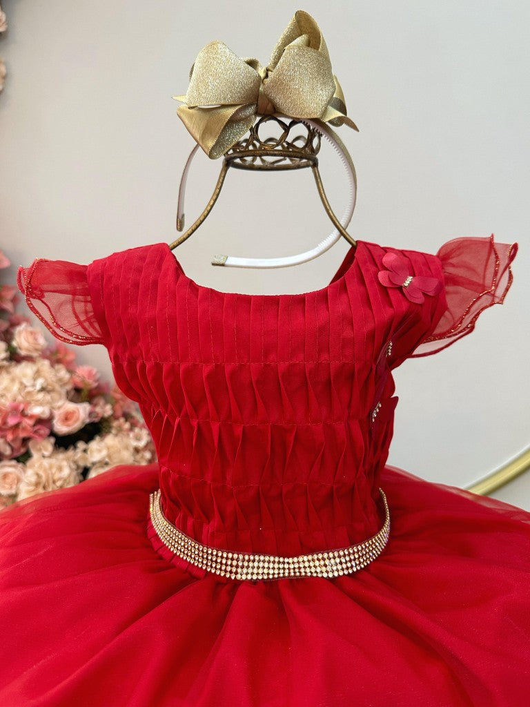 Vestido infantil rojo con busto plisado y falda de organza para fiestas