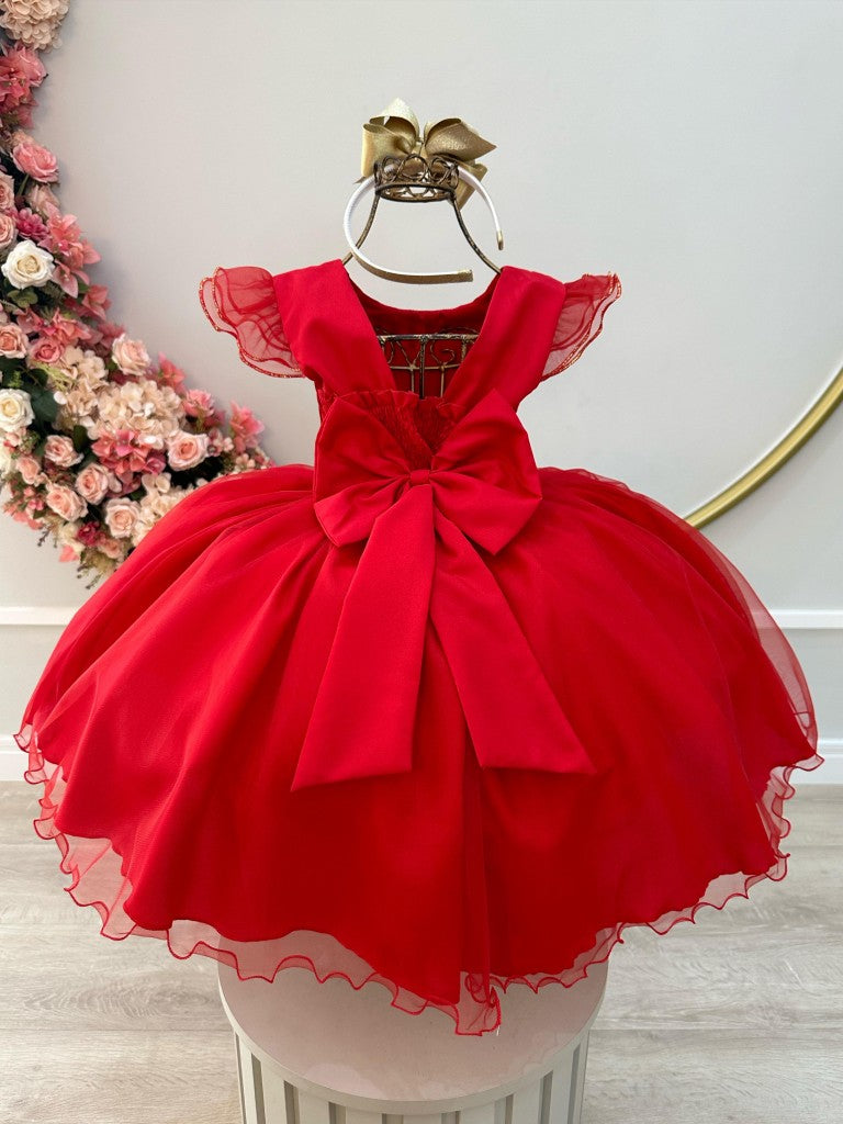 Vestido infantil rojo con busto plisado y falda de organza para fiestas
