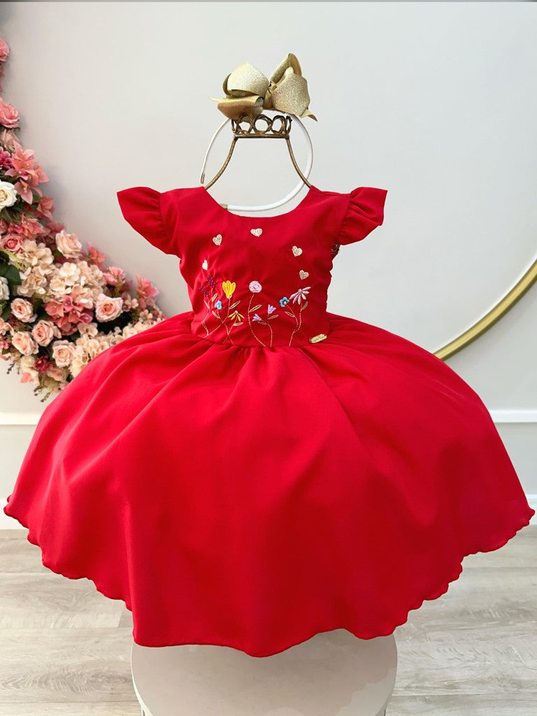 Vestido Infantil Rojo con Busto y Bordado de Fiesta de Lujo