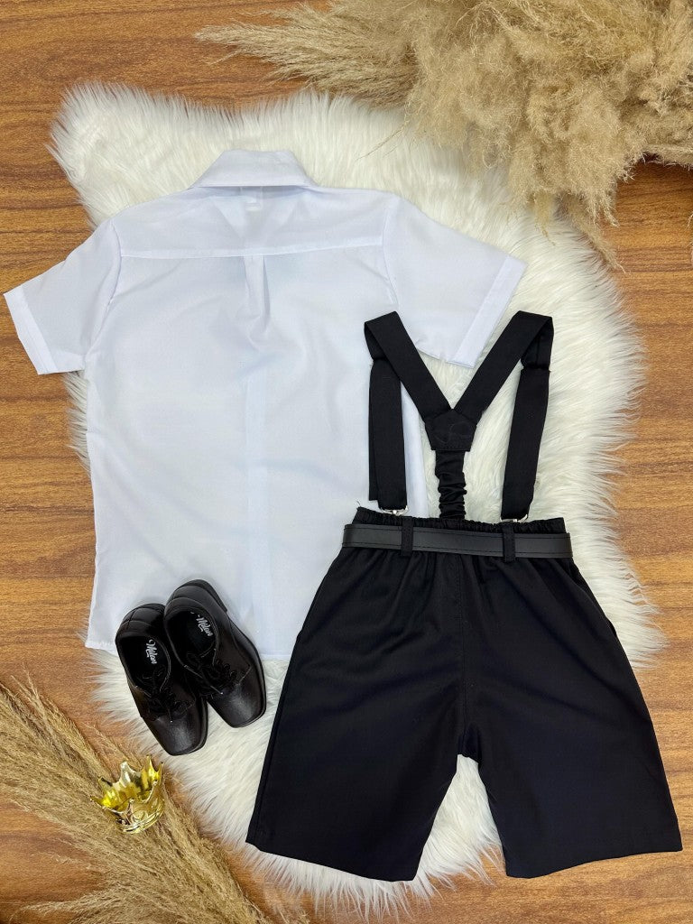 Conjunto formal: camisa, tirantes, corbata y pantalón corto negro