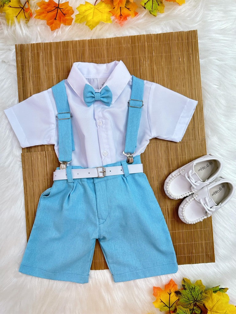 Conjunto infantil: Camisa blanca con short con tirantes y corbata azul