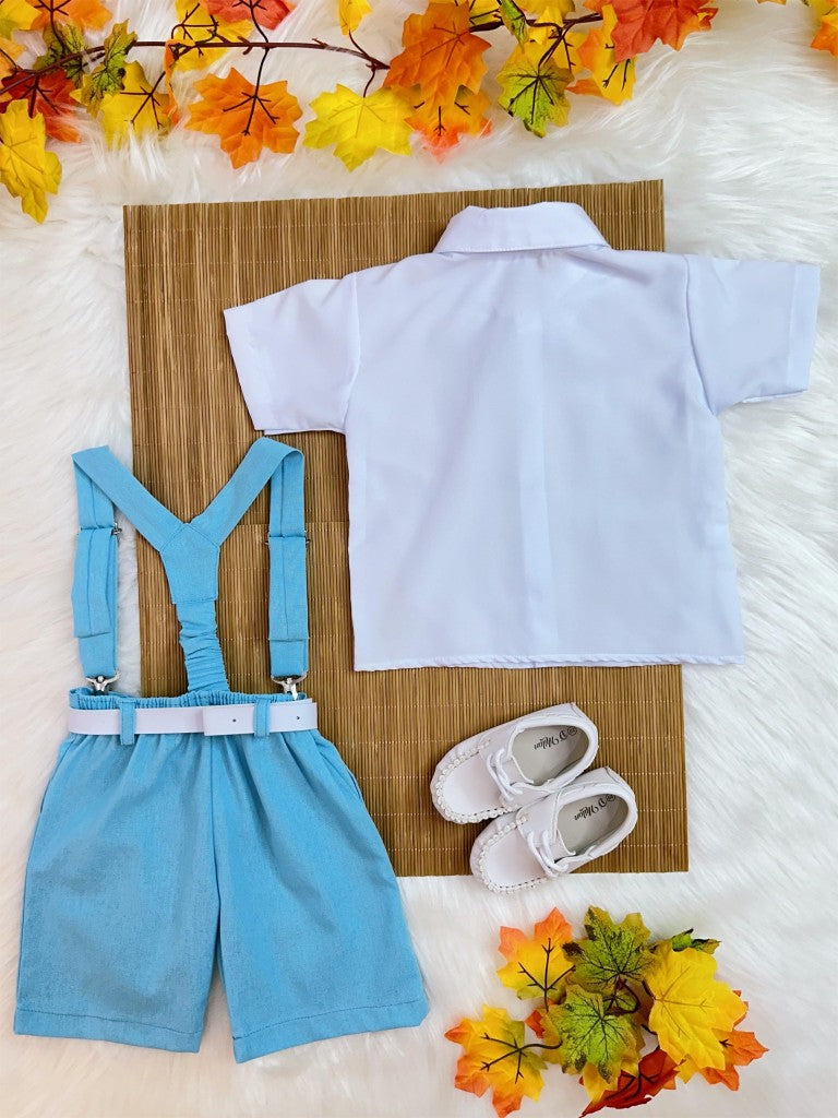 Conjunto infantil: Camisa blanca con short con tirantes y corbata azul