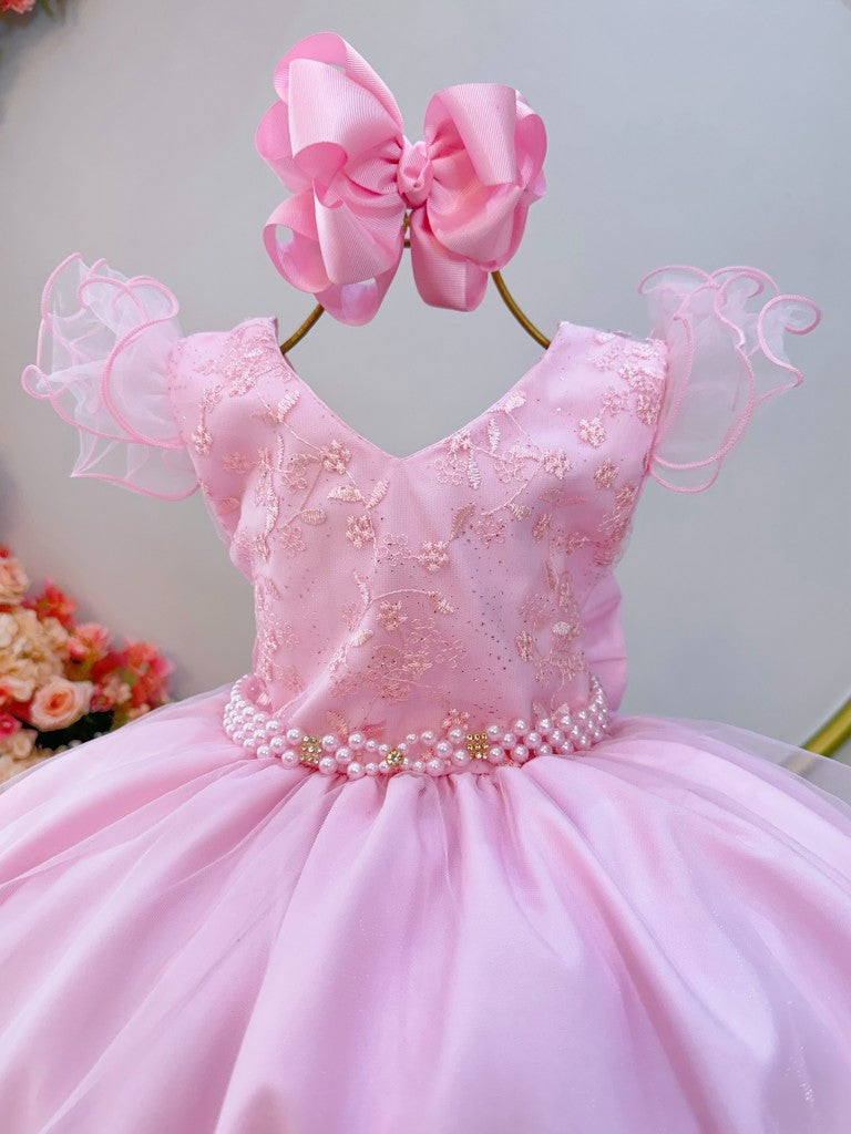 Vestido infantil rosa claro con encaje de lujo para fiestas de damas de honor
