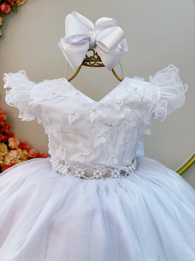 Vestido largo blanco infantil con apliques para fiestas de damas de honor