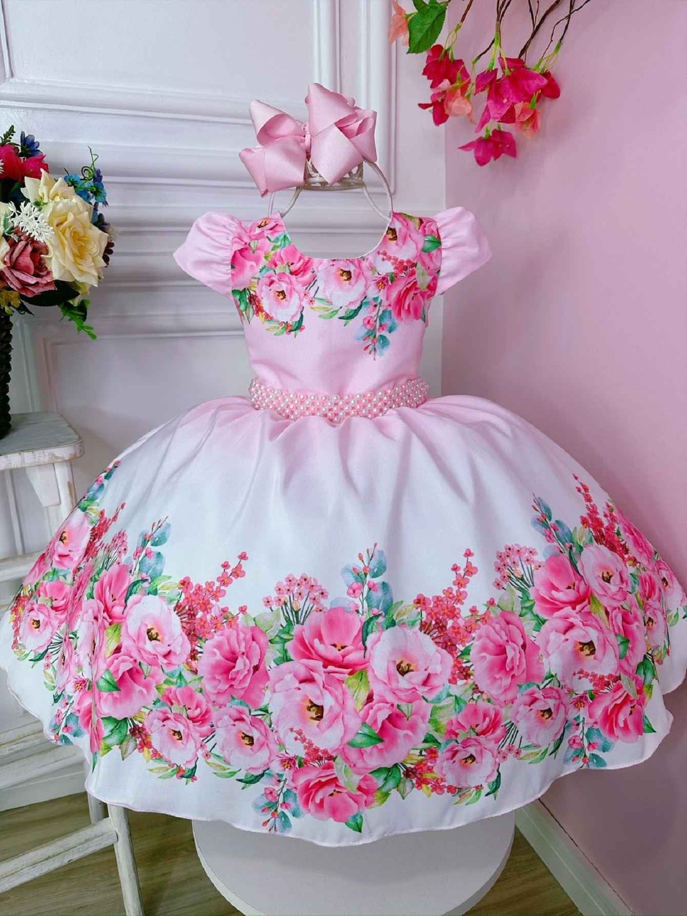 Vestido floral rosa bebé con cinturón de perlas de lujo