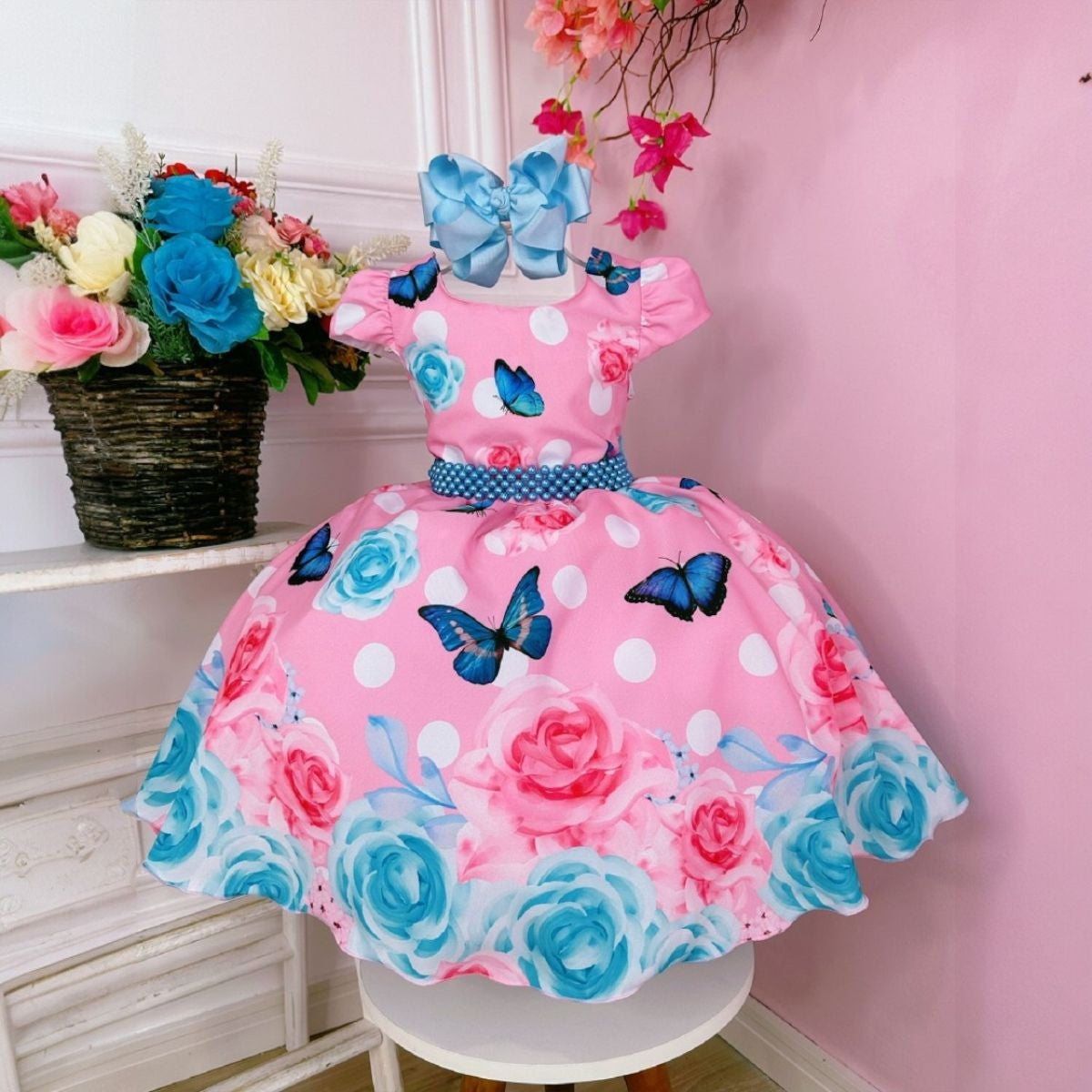Vestido Infantil Rosa Chiclete Jardim das Borboletas Pérolas