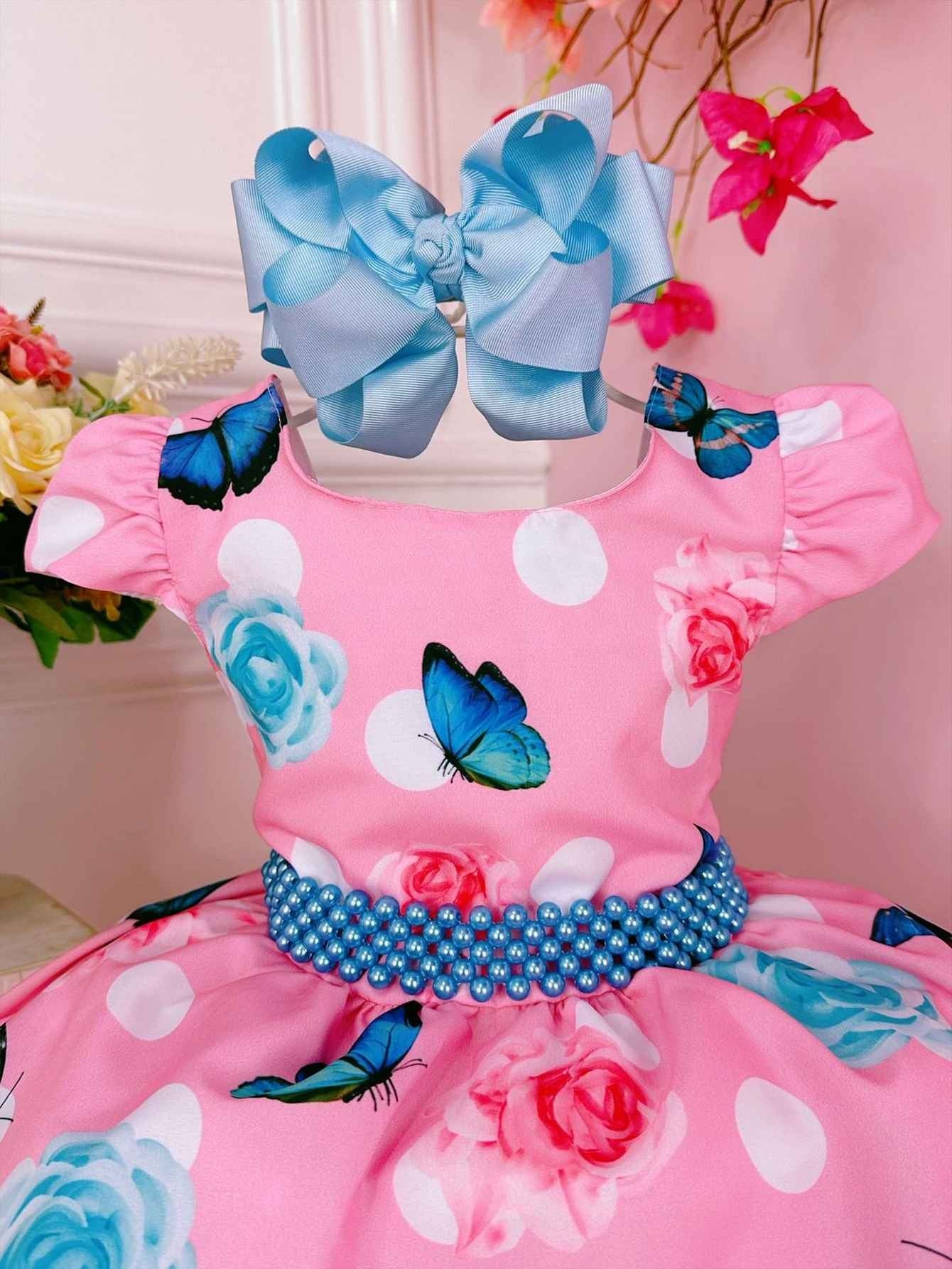 Vestido Infantil Rosa Chiclete Jardim das Borboletas Pérolas