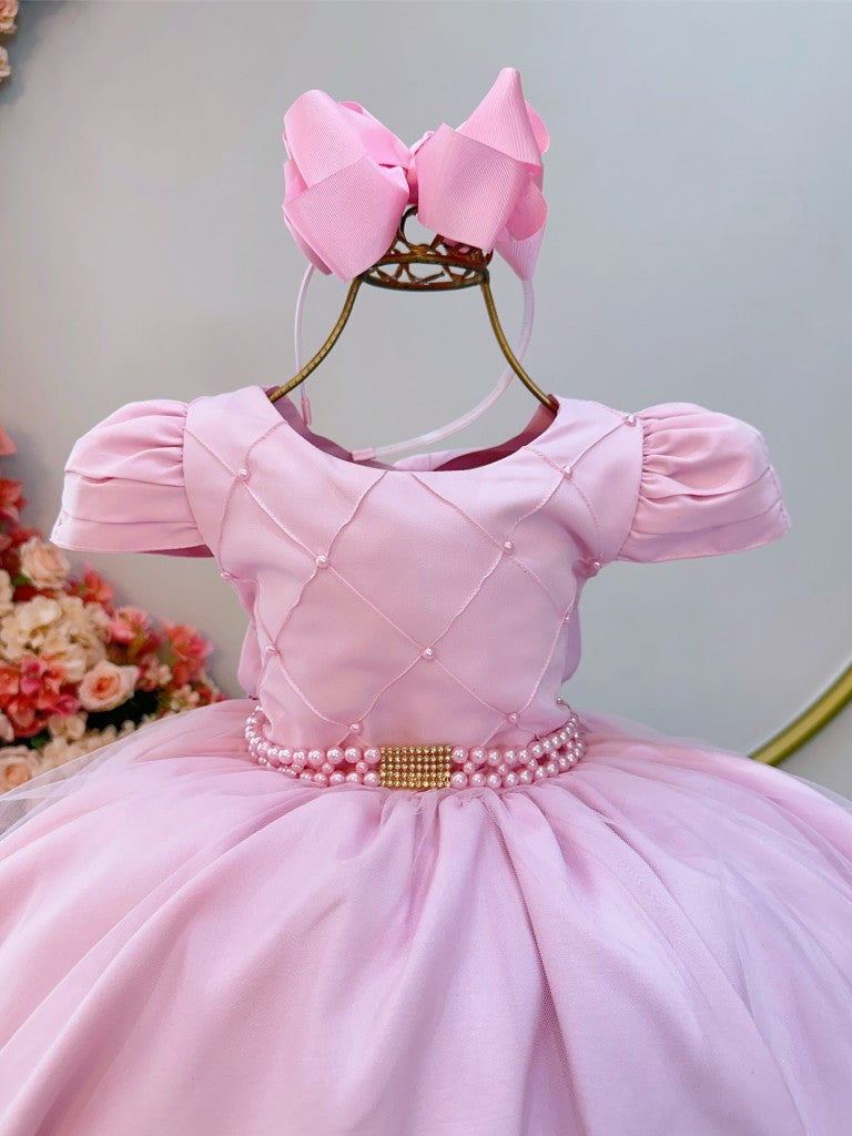Vestido infantil rosa claro con busto acanalado para fiestas de damas