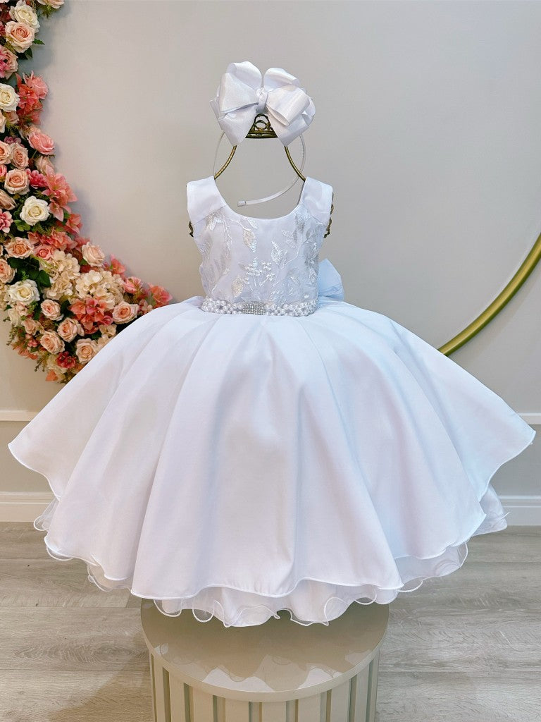 Vestido infantil blanco con busto y encaje para fiestas de damas