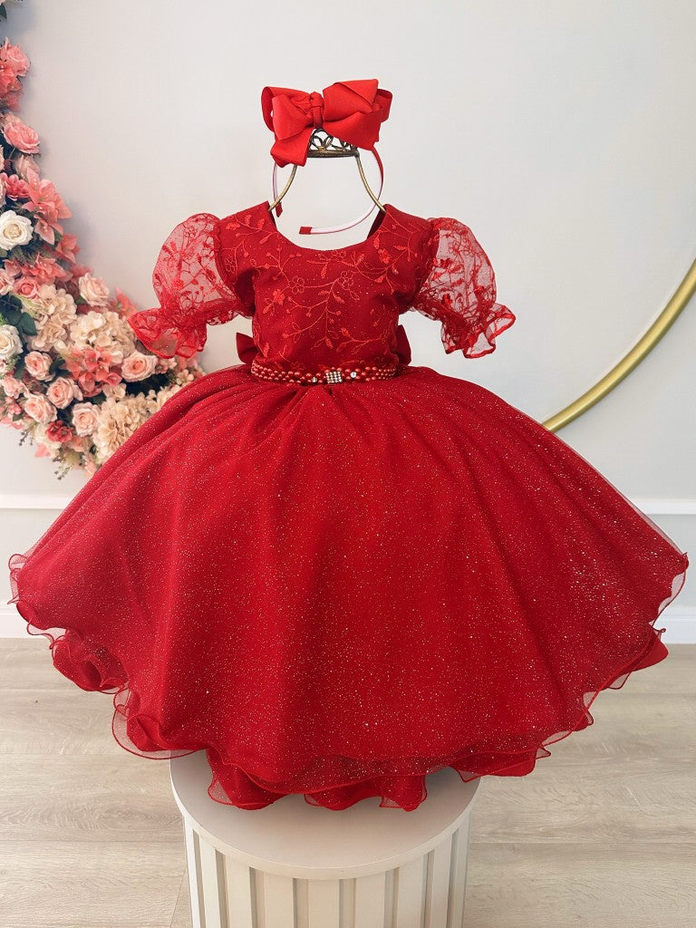Vestido infantil rojo con encaje de lujo para fiestas de damas de honor