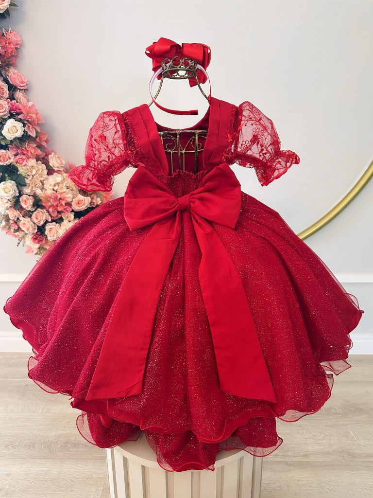 Vestido infantil rojo con encaje de lujo para fiestas de damas de honor