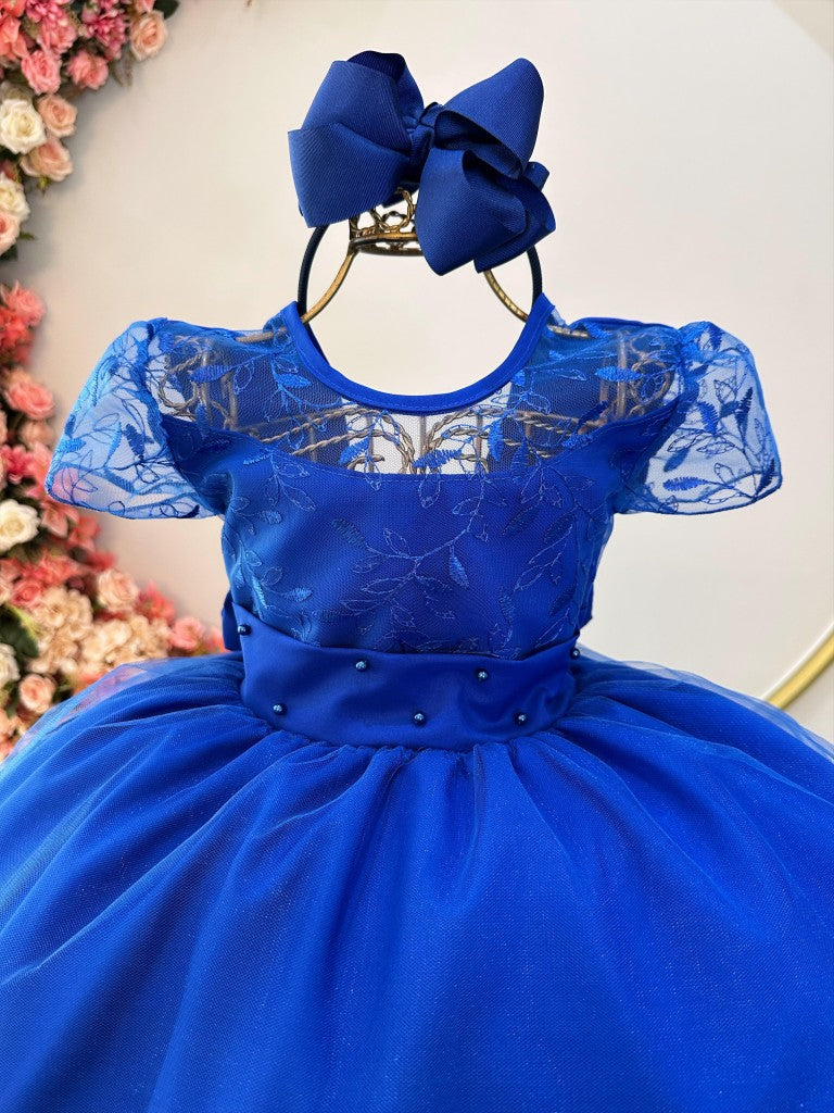 Vestido infantil azul real con busto y encaje, vestido largo de lujo para mujer