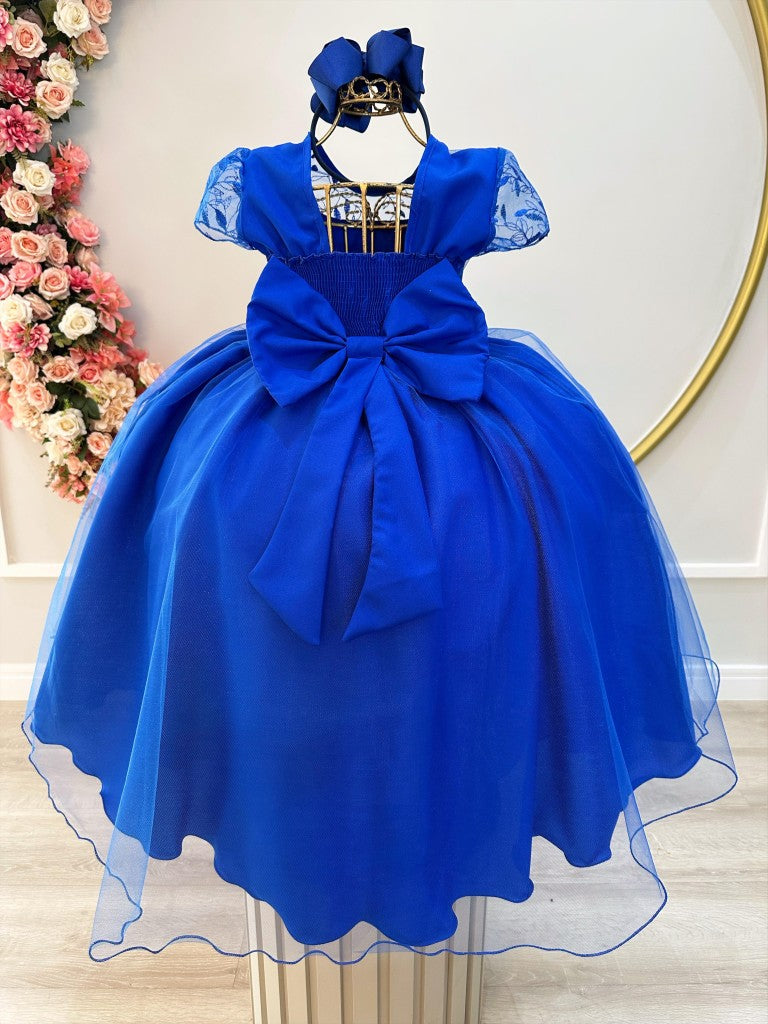 Vestido infantil azul real con busto y encaje, vestido largo de lujo para mujer