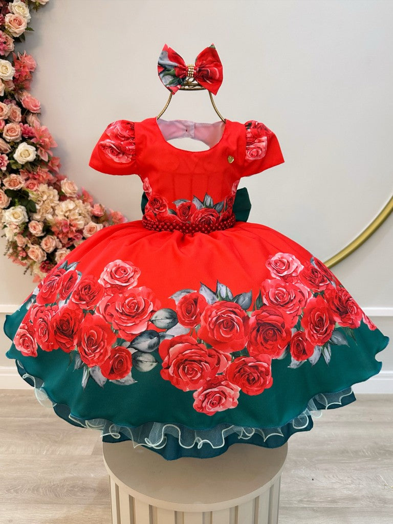 Vestido infantil rojo con rosas y lazo para fiestas de niñas de las flores