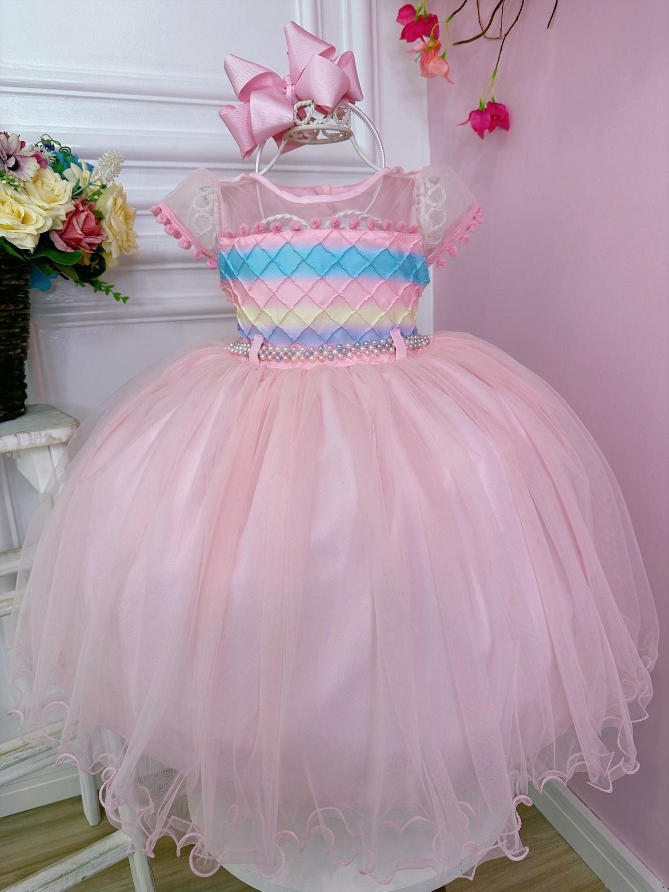 Vestido infantil Rain of Love con busto acanalado y pompones