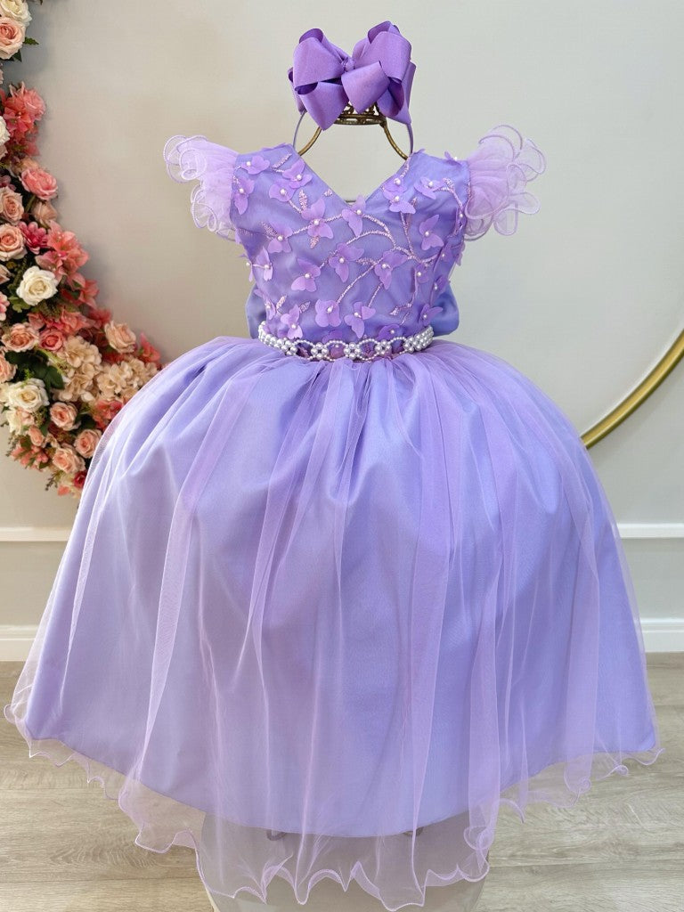 Vestido largo lila para niña con apliques y encaje para fiestas de dama