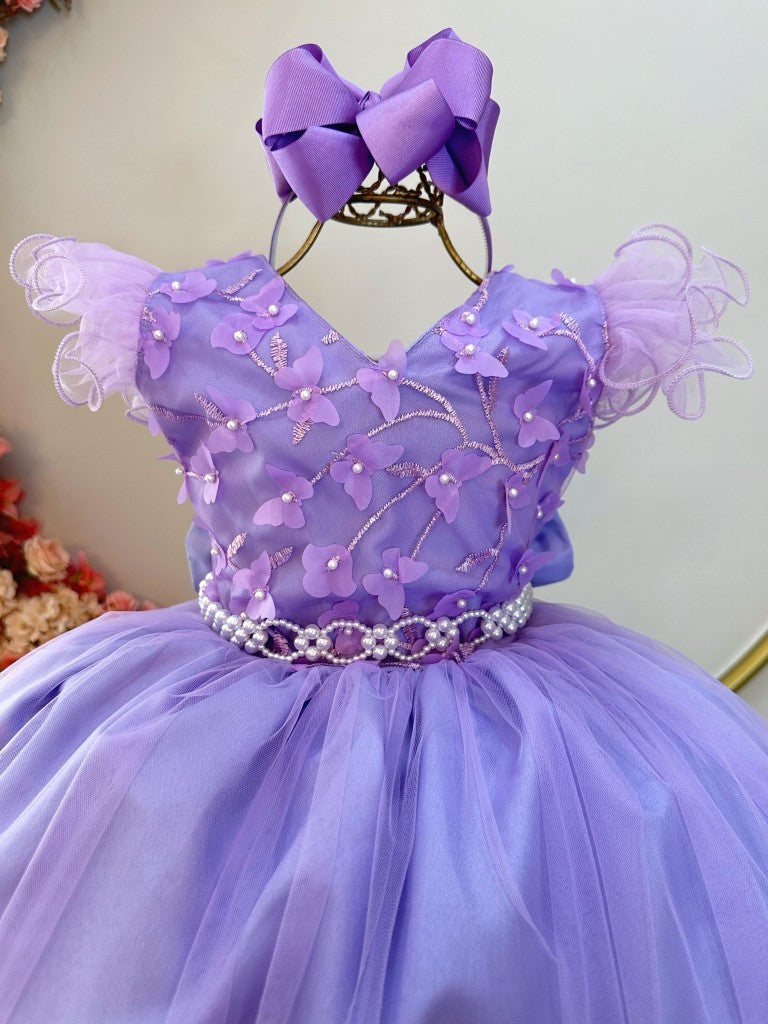 Vestido largo lila para niña con apliques y encaje para fiestas de dama