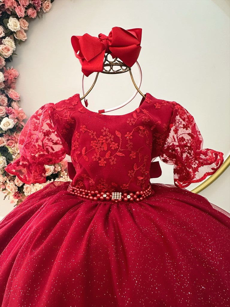 Vestido infantil rojo con encaje de lujo para fiestas de damas de honor