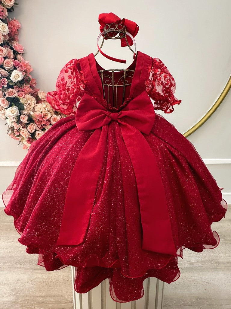 Vestido infantil rojo con encaje de lujo para fiestas de damas de honor