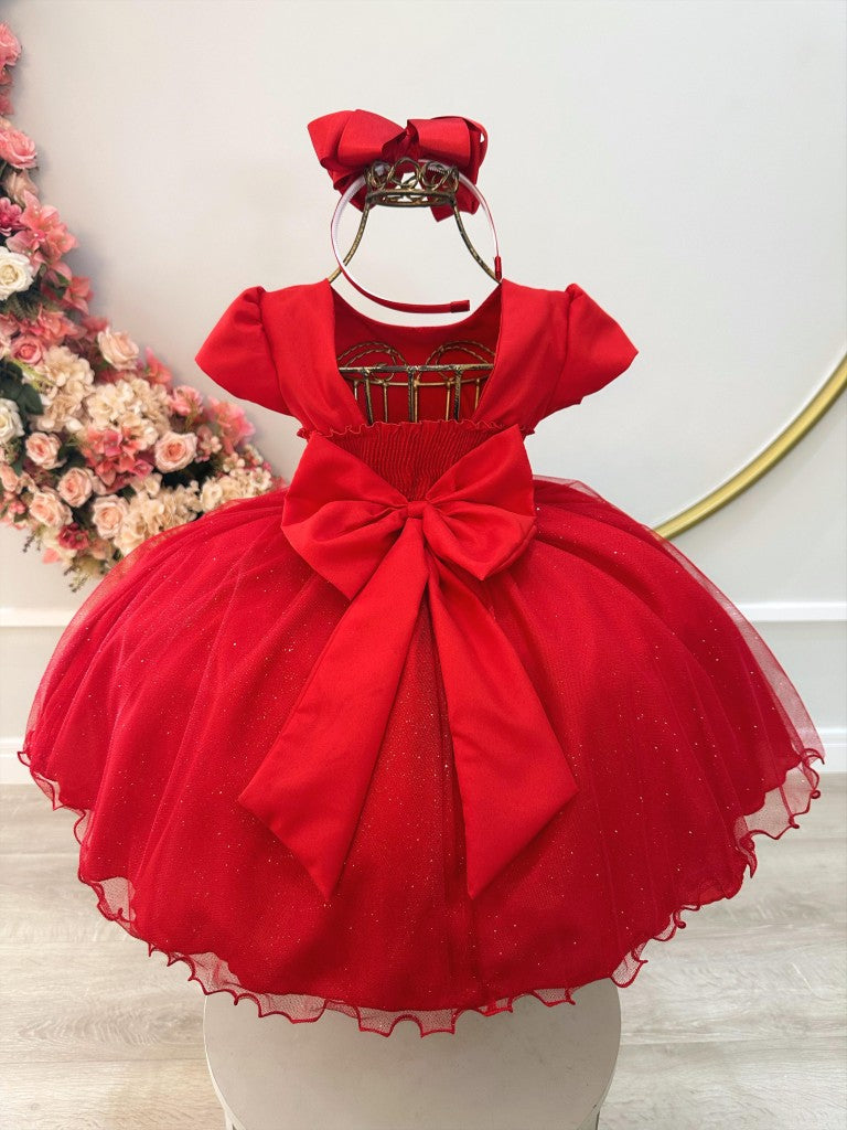 Vestido infantil rojo con pedrería para fiestas de damas de honor
