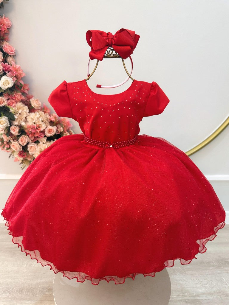 Vestido infantil rojo con pedrería para fiestas de damas de honor