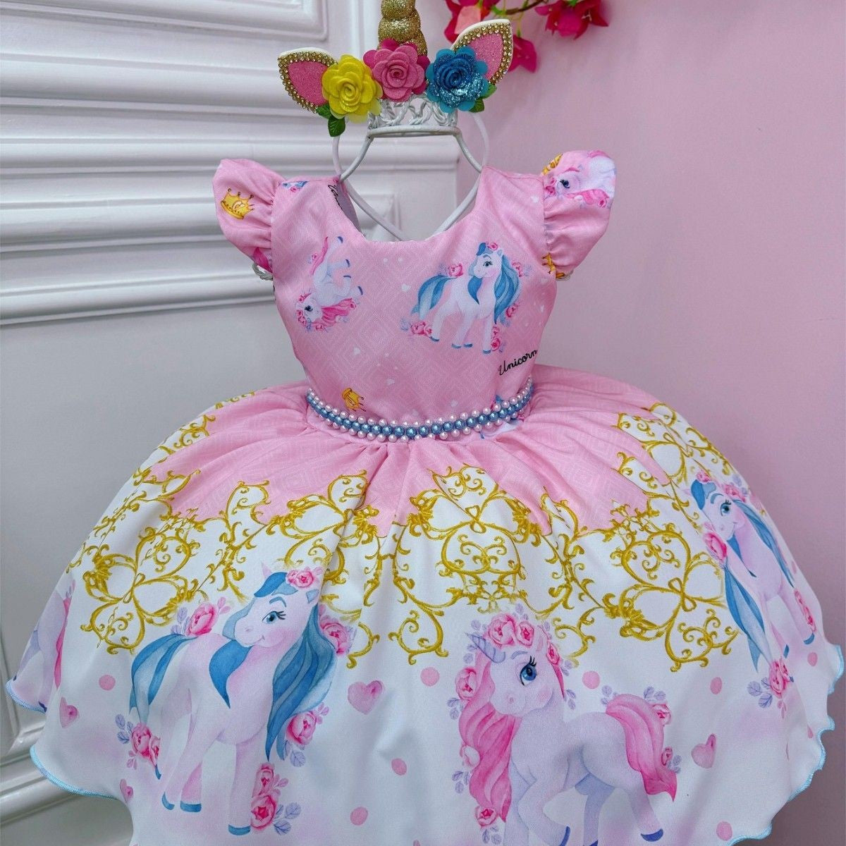 Vestido infantil de unicornio rosa con cinturón de perlas para fiestas