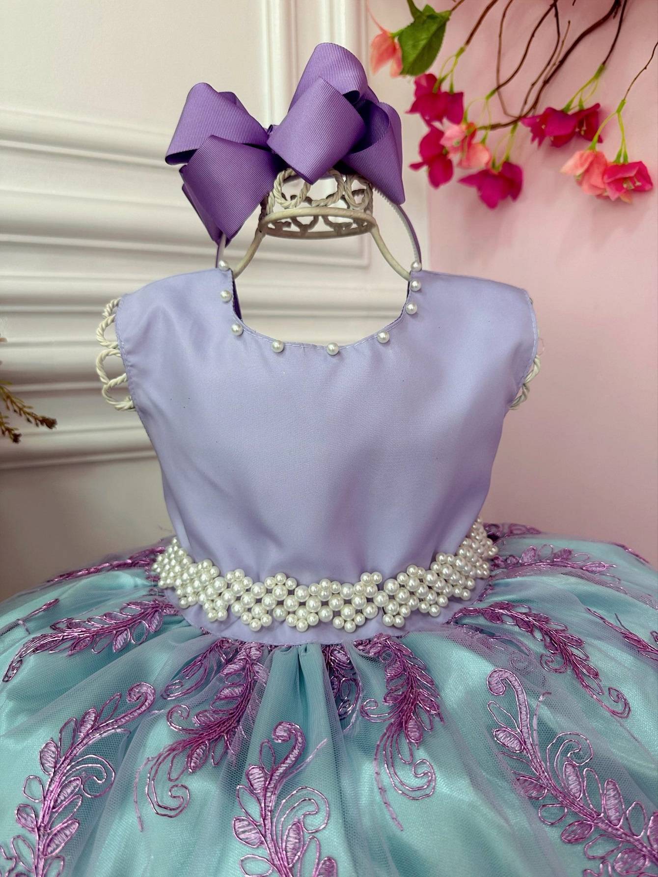 Vestido Infantil Ariel Princesa C/ Renda e Cinto de Pérolas