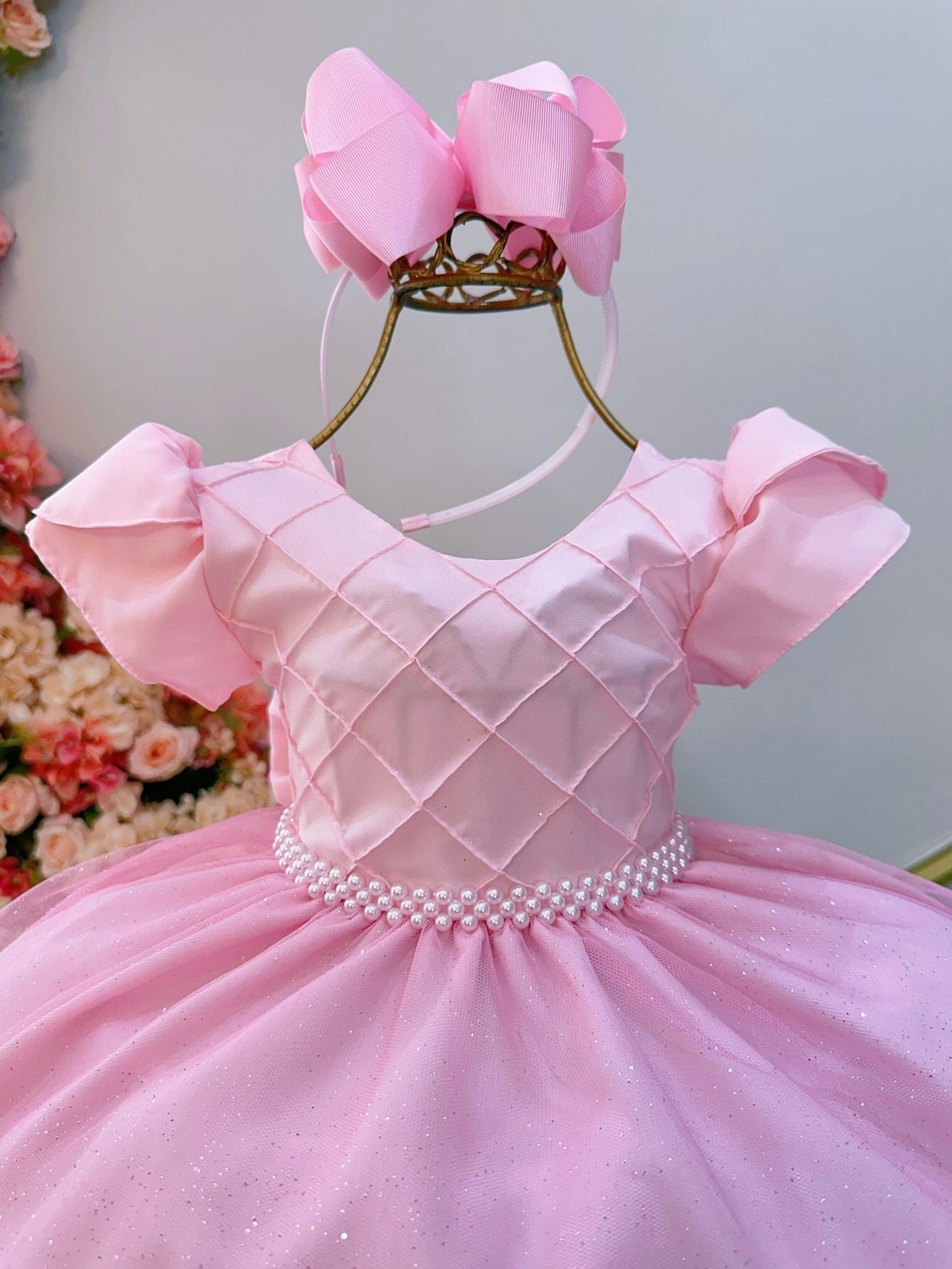 Vestido infantil rosa claro con busto acanalado para fiestas de niñas de las flores