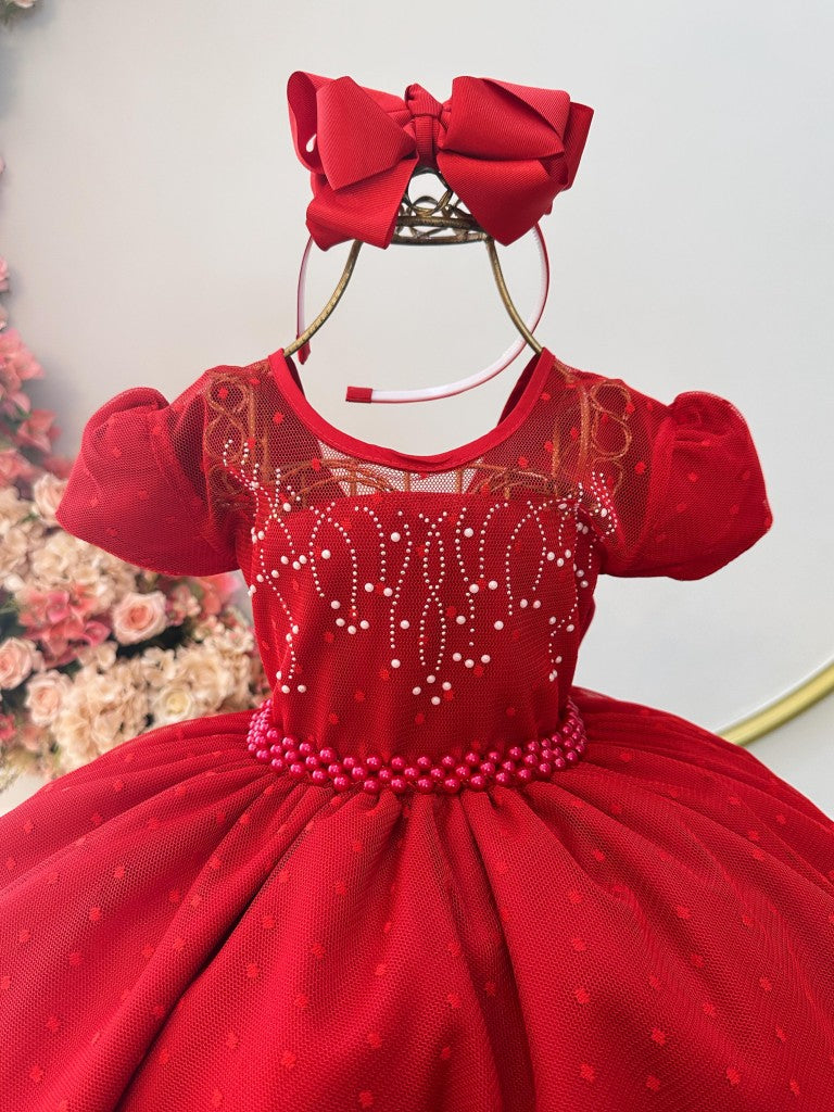 Vestido infantil de tul rojo de lujo con palomitas de maíz y perlas