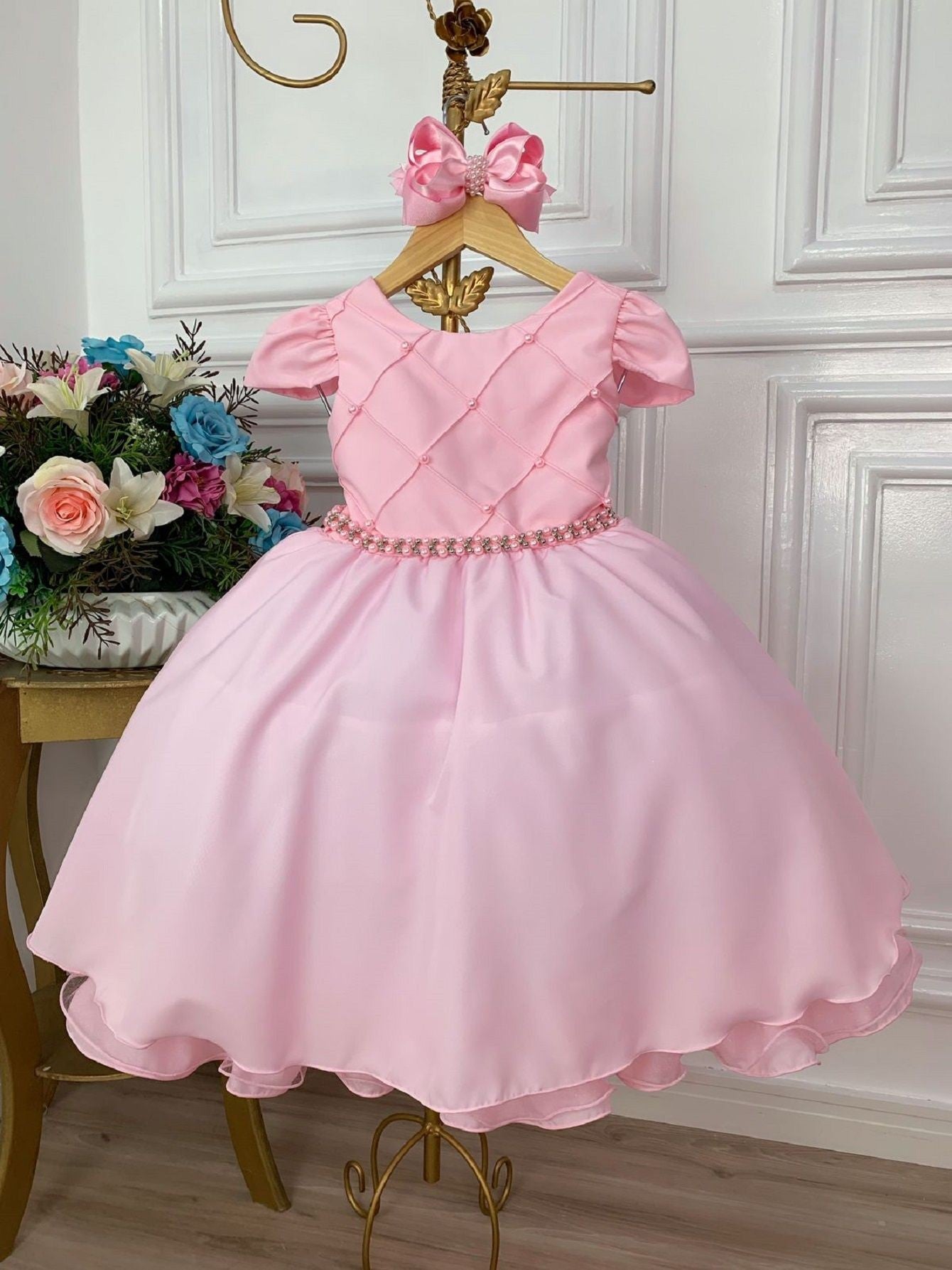 Vestido Infantil Rosa Daminhas C/ Cinto de Pérolas