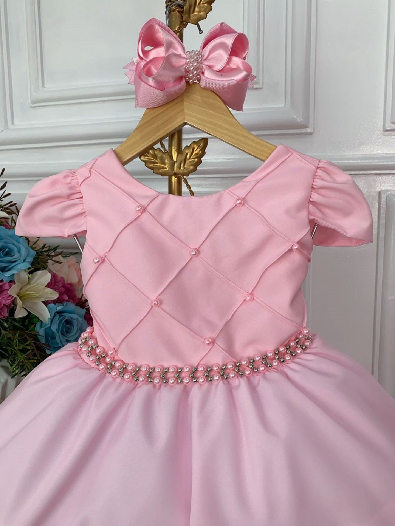 Vestido Infantil Rosa Daminhas C/ Cinto de Pérolas