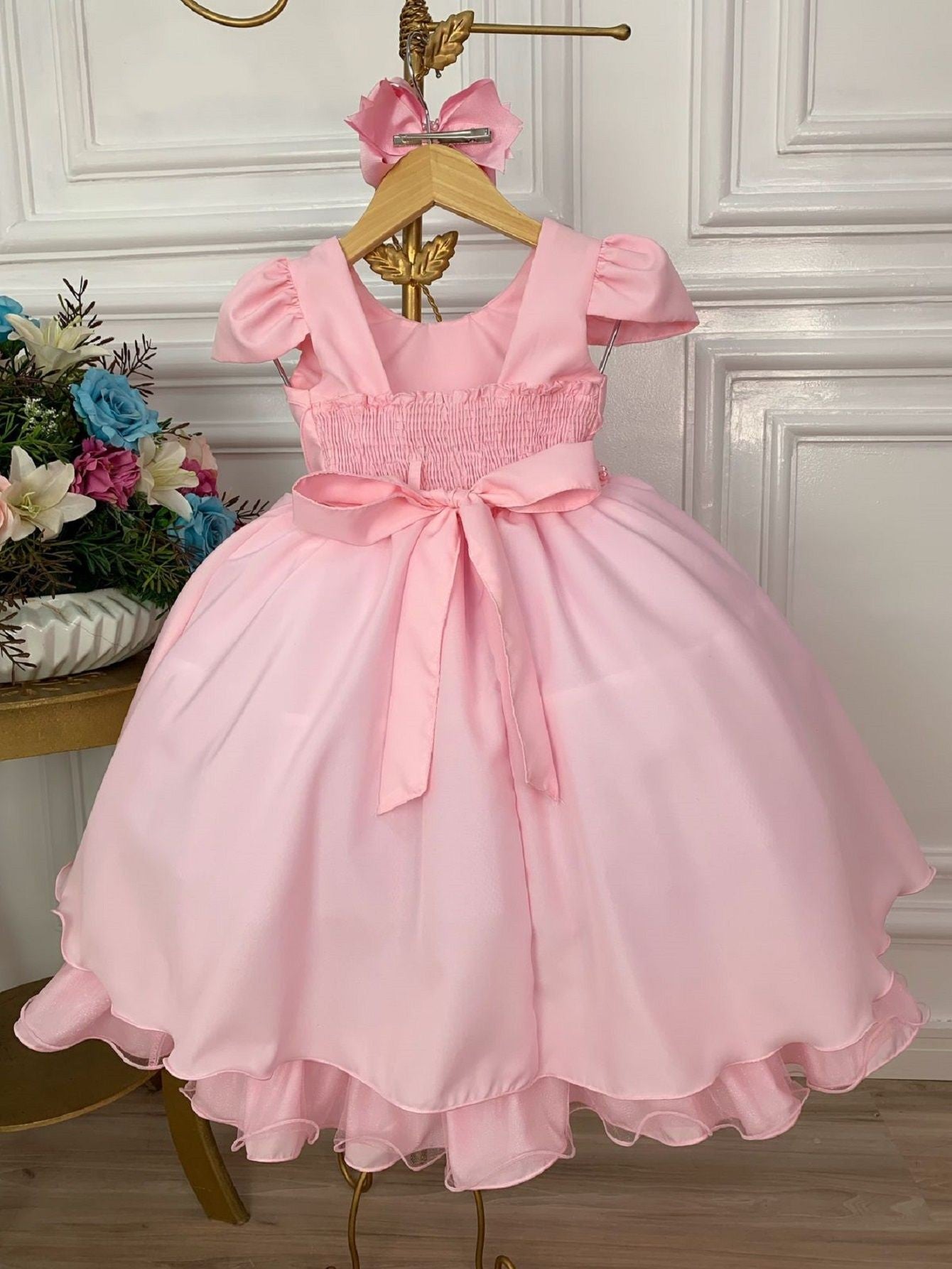 Vestido Infantil Rosa Daminhas C/ Cinto de Pérolas