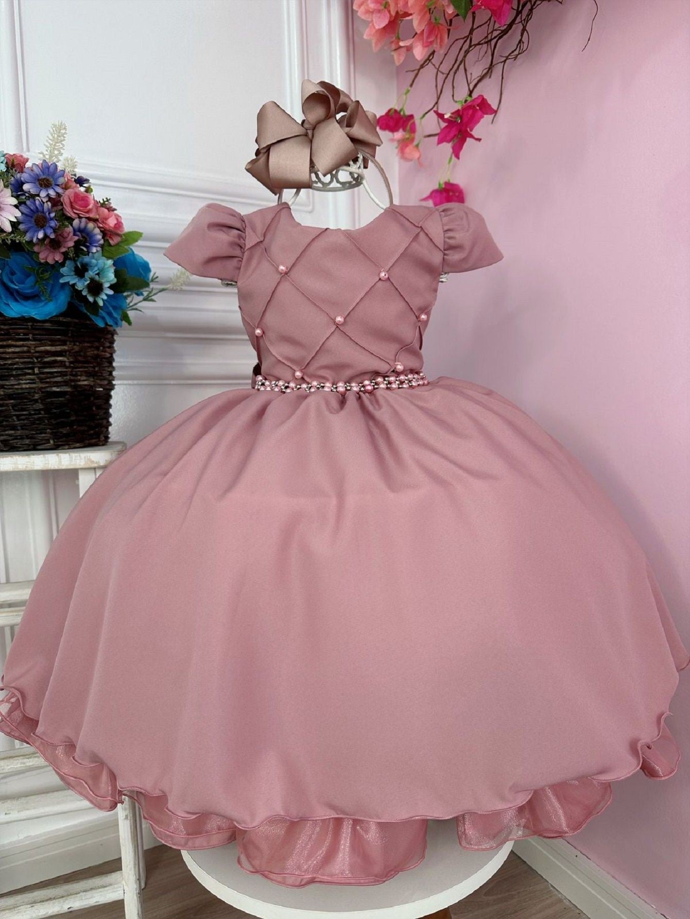 Vestido Infantil Rose Busto Nervura Daminhas Festas Luxo