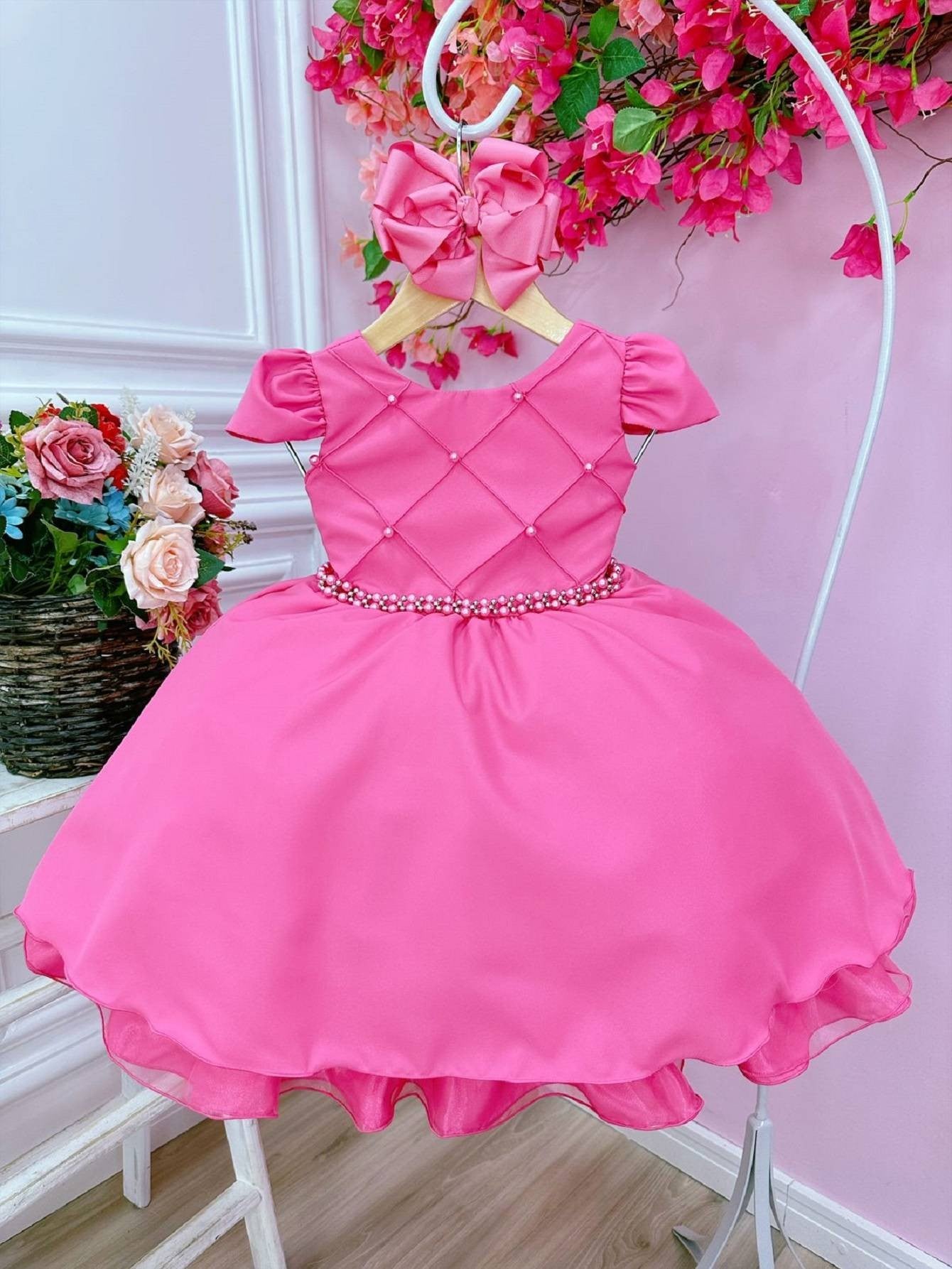 Vestido infantil rosa chicle con busto acanalado y vestido de novia para damas de honor