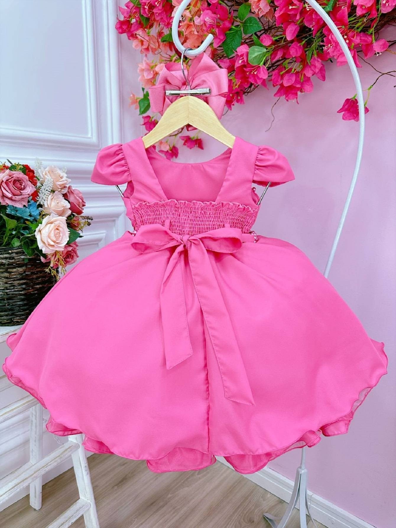 Vestido infantil rosa chicle con busto acanalado y vestido de novia para damas de honor