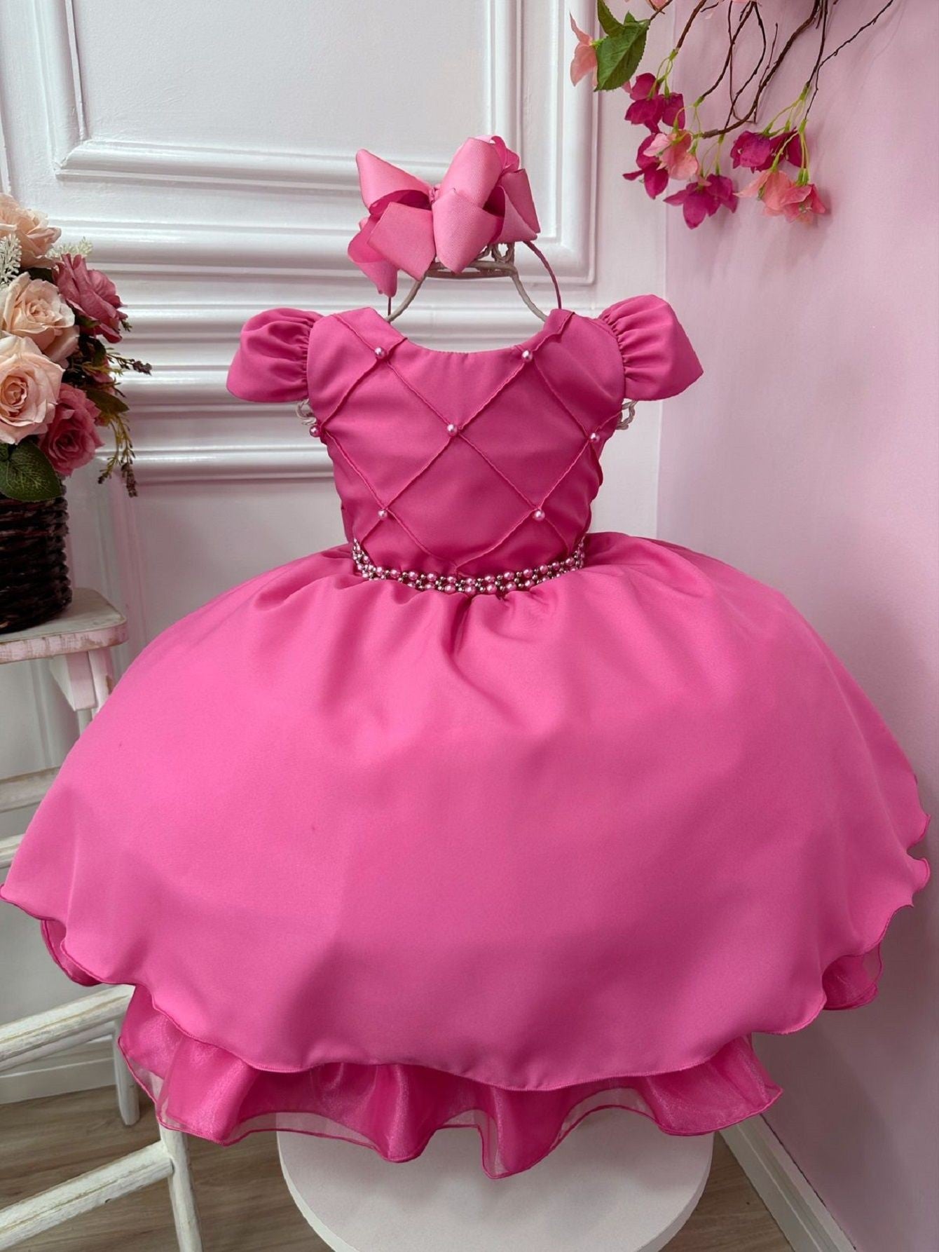 Vestido infantil rosa chicle con busto acanalado y vestido de novia para damas de honor