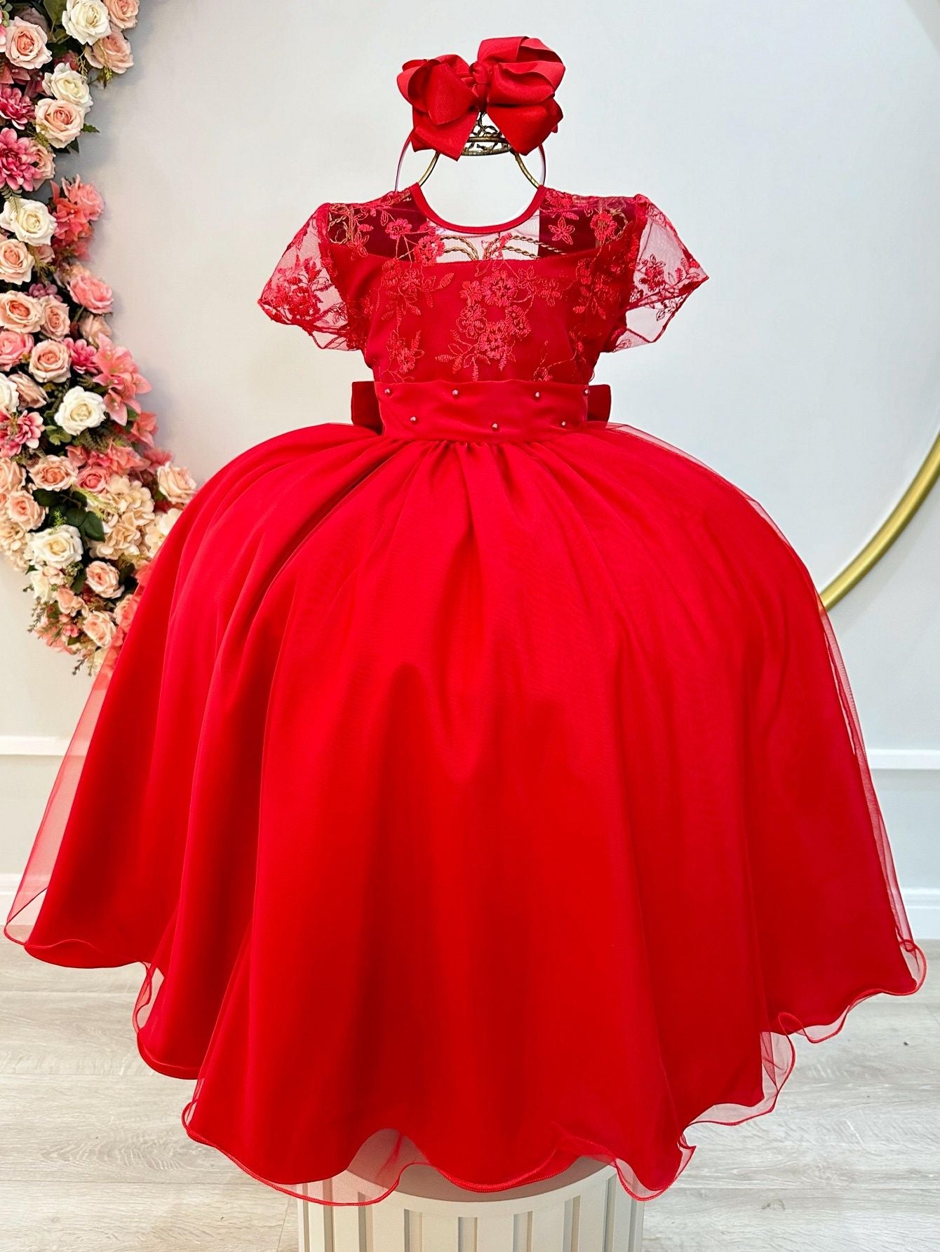 Vestido infantil rojo con busto y encaje, vestido largo de lujo para mujer