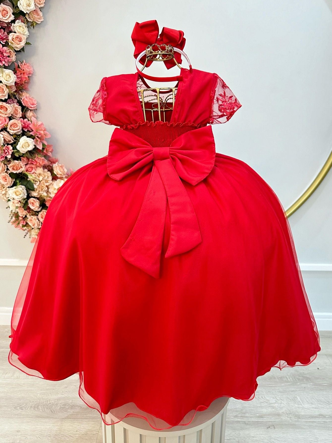 Vestido infantil rojo con busto y encaje, vestido largo de lujo para mujer