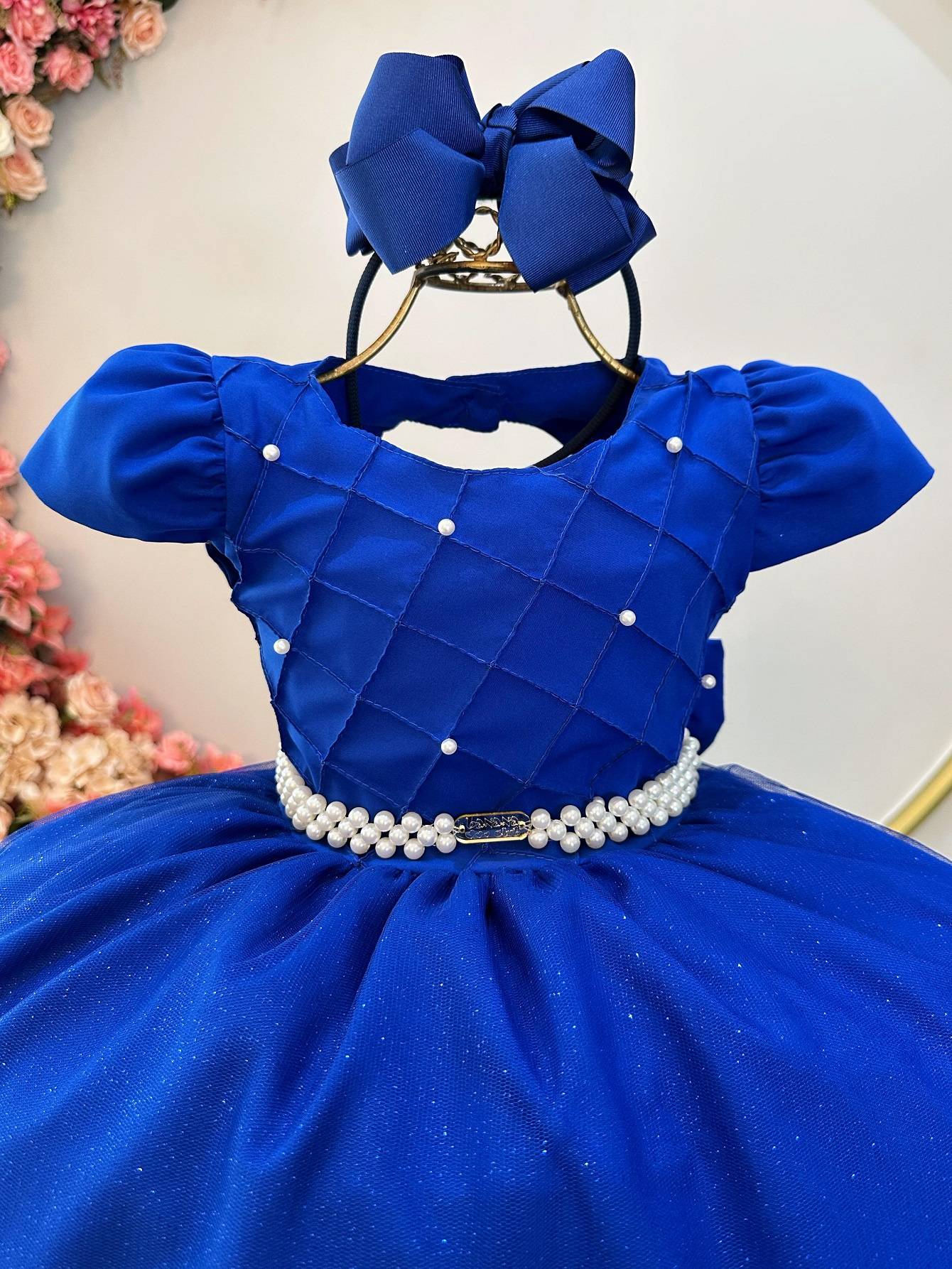 Vestido largo azul rey para niña con busto acanalado para fiestas de damas