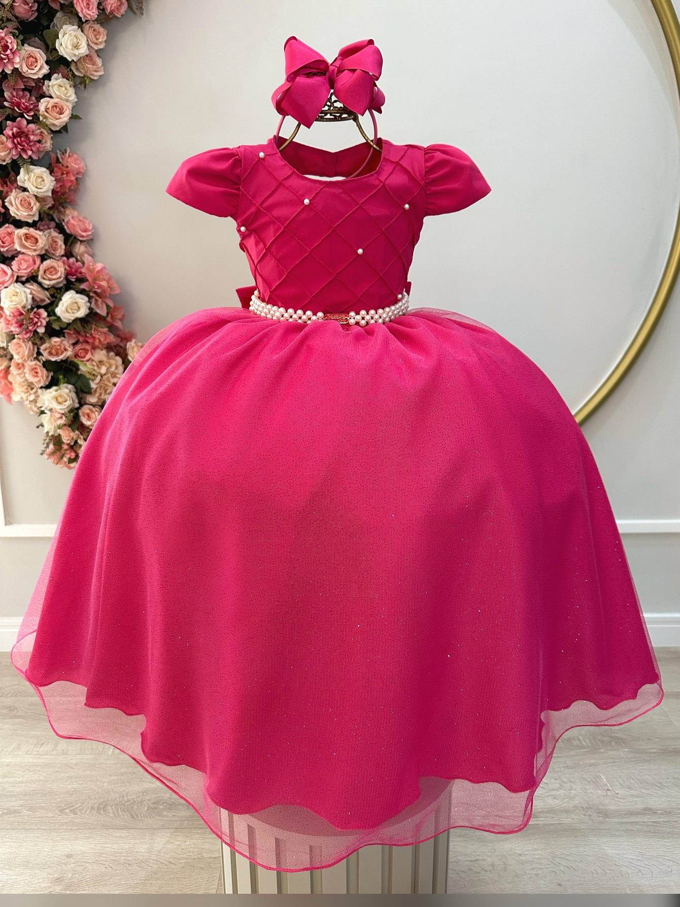 Vestido largo rosa infantil con busto acanalado para fiestas de damas de honor