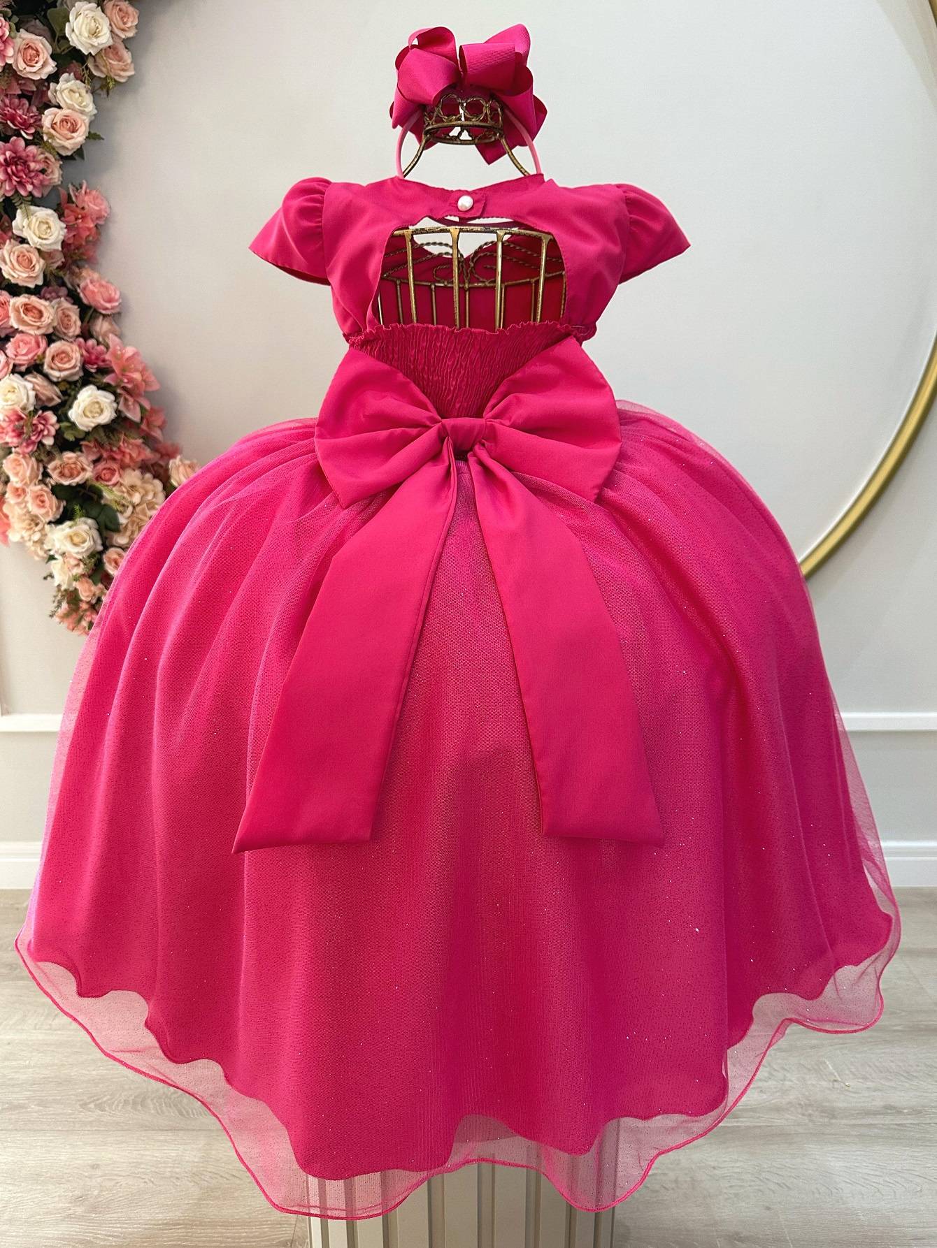 Vestido largo rosa infantil con busto acanalado para fiestas de damas de honor