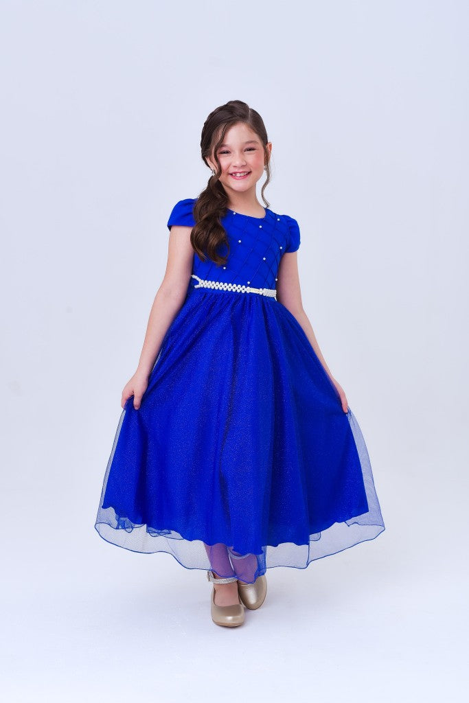 Vestido largo azul rey para niña con busto acanalado para fiestas de damas
