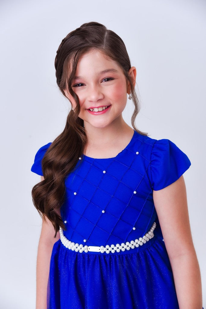 Vestido largo azul rey para niña con busto acanalado para fiestas de damas