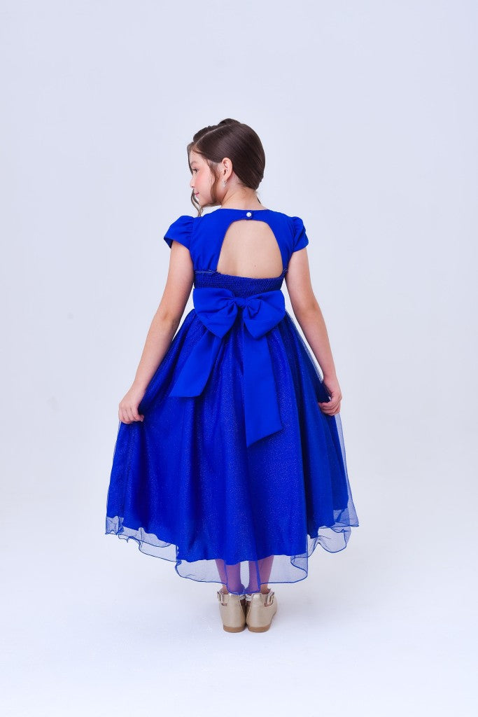 Vestido largo azul rey para niña con busto acanalado para fiestas de damas