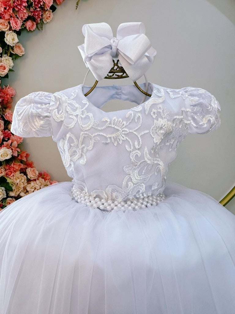 Vestido infantil blanco con busto y encaje de lujo para fiestas de boda