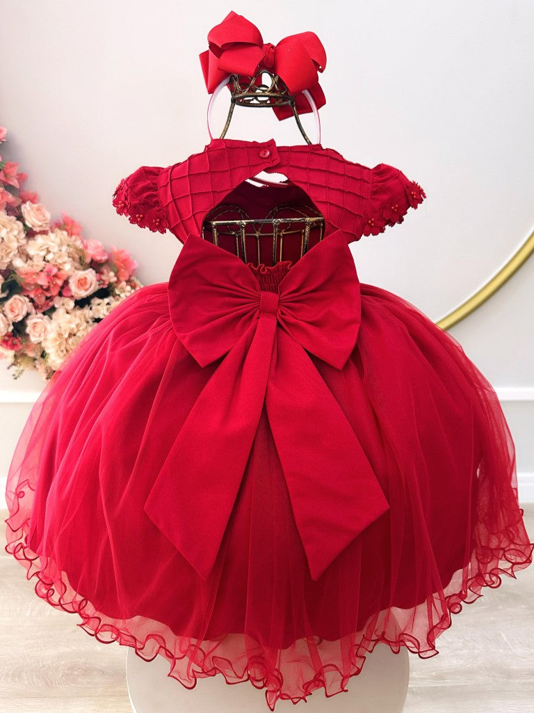 Vestido Infantil Vermelho Busto Nervura C/ Apliques Daminha