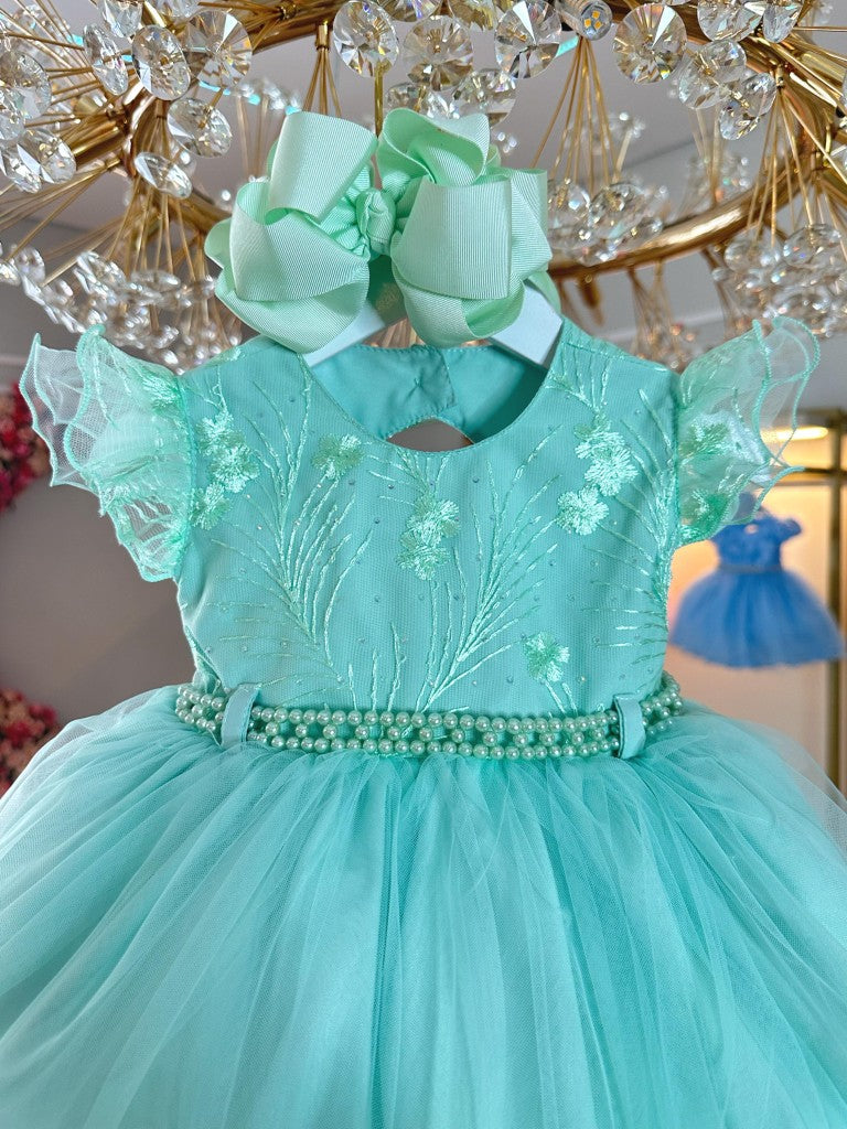 Vestido Infantil Verde con Busto, Encaje y Pedrería para Bautismos