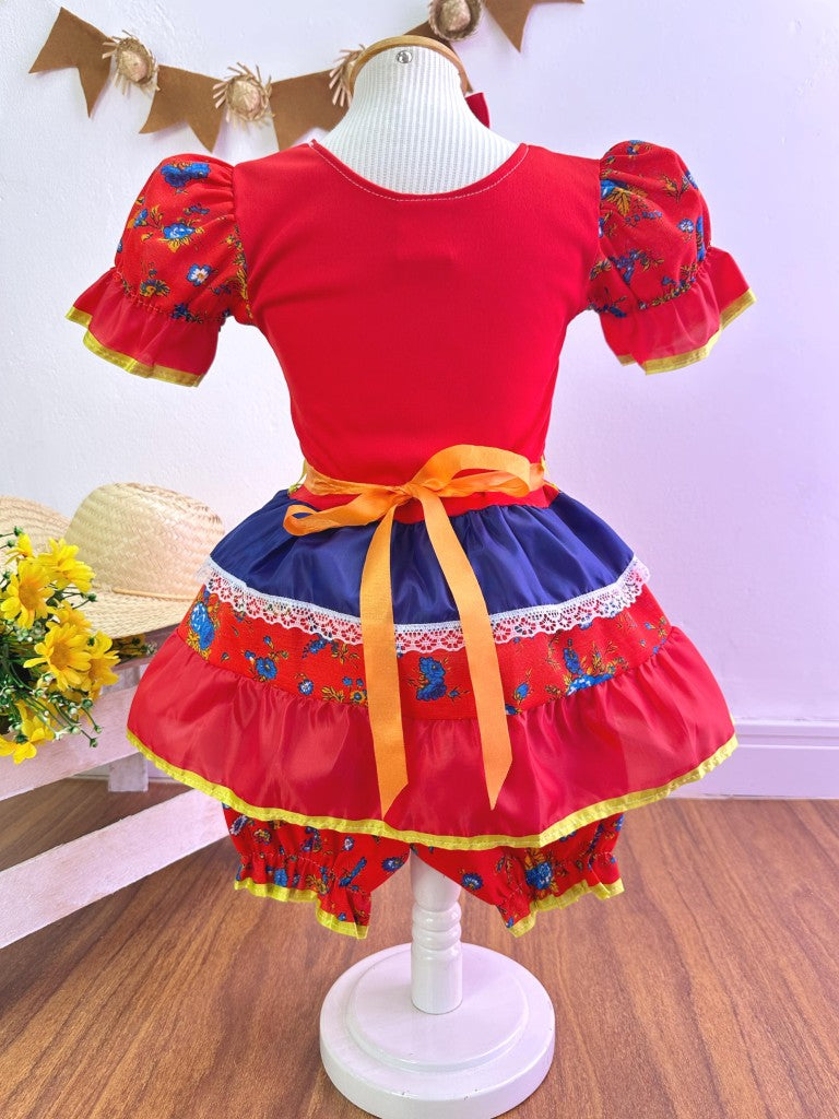 Disfraz infantil rojo de junio con flores de colores