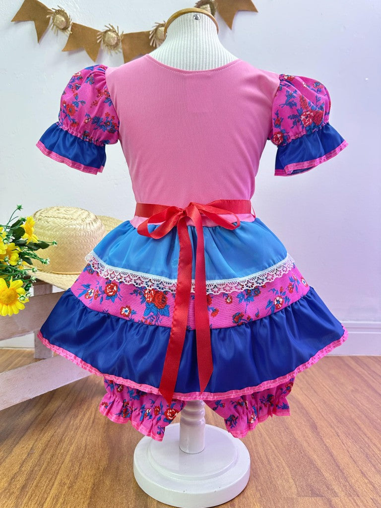 Disfraz infantil de junio con flores de colores rosa y azul