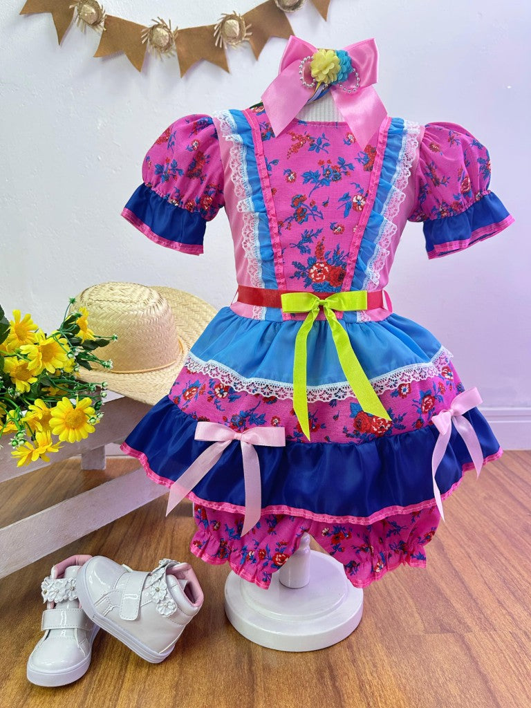 Disfraz infantil de junio con flores de colores rosa y azul